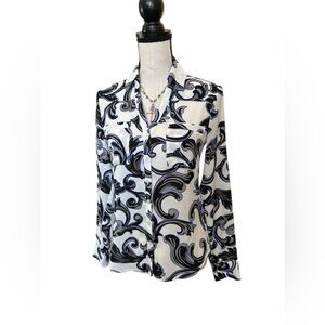Express Women's Portofino Long Sleeve Button Up Top White/Blue Scroll Print - XS